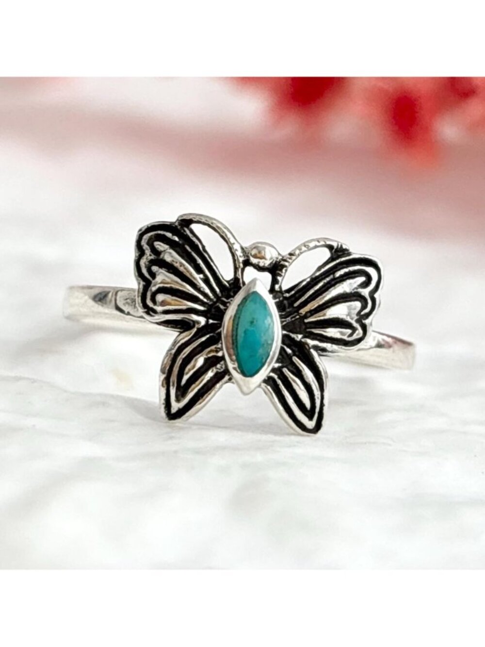 Butterfly Figural Turquoise Southwest Sterling Silver 925 Vintage Ring - sz 6.5